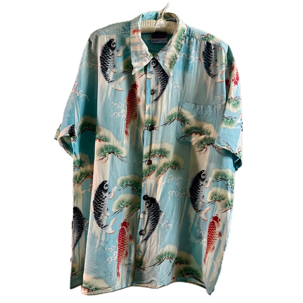 Avanti RARE Silk Blue Koi Fish Print Hawaiian Original Casual Shirt XL